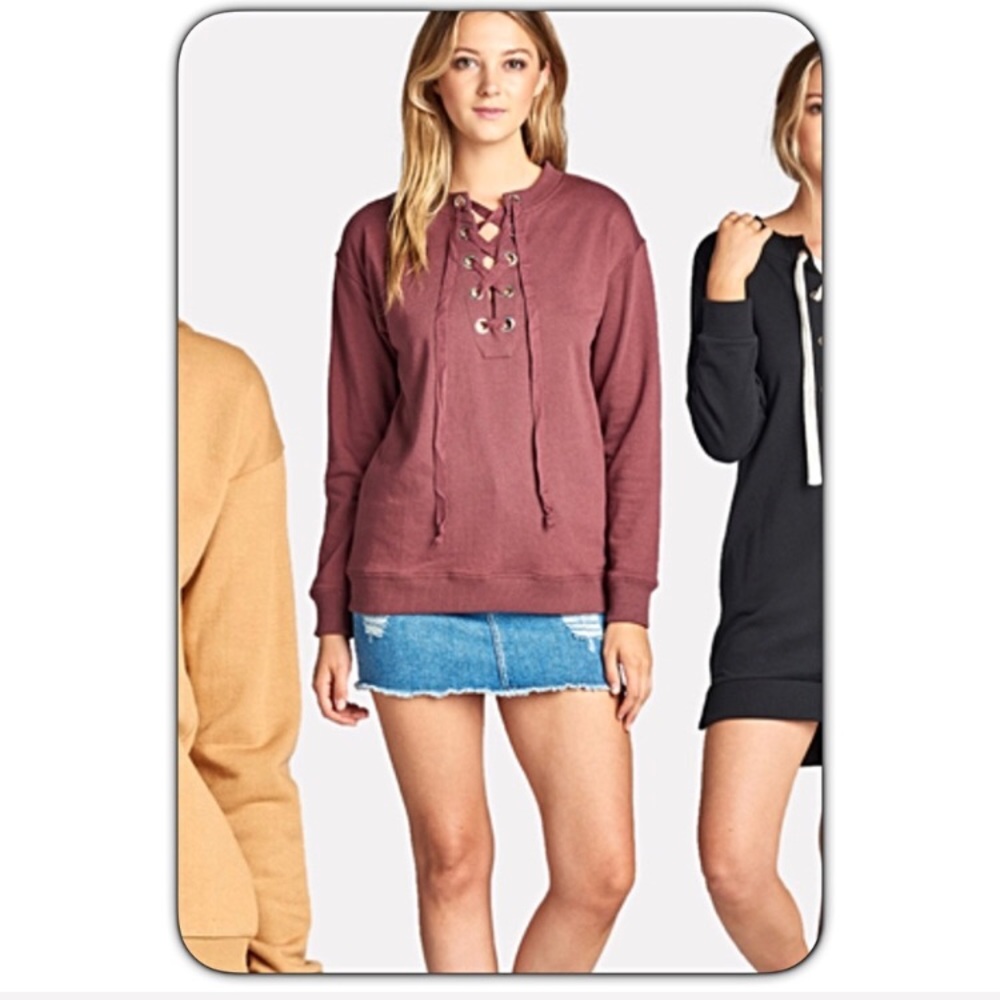 Date Night Marsala Soft Lace Up Top S - Picture 2 of 6